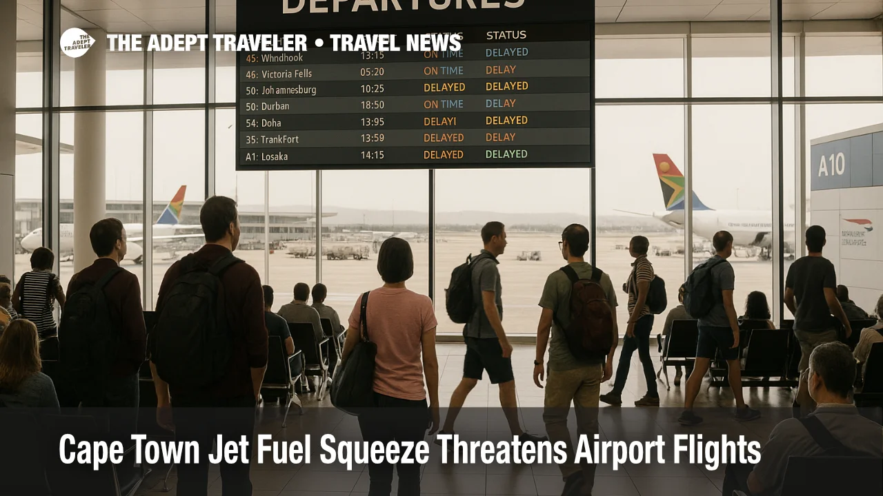 Travelers at Cape Town International Airport check departures boards as a jet fuel shortage threatens some airport flights.