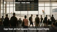 Travelers at Cape Town International Airport check departures boards as a jet fuel shortage threatens some airport flights.