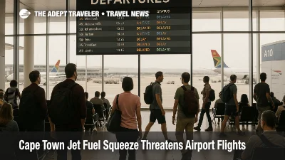 Travelers at Cape Town International Airport check departures boards as a jet fuel shortage threatens some airport flights.