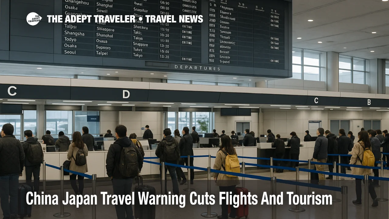 Travelers queue at Narita departures as China Japan travel warning flights cuts leave some check in counters quiet and others crowded