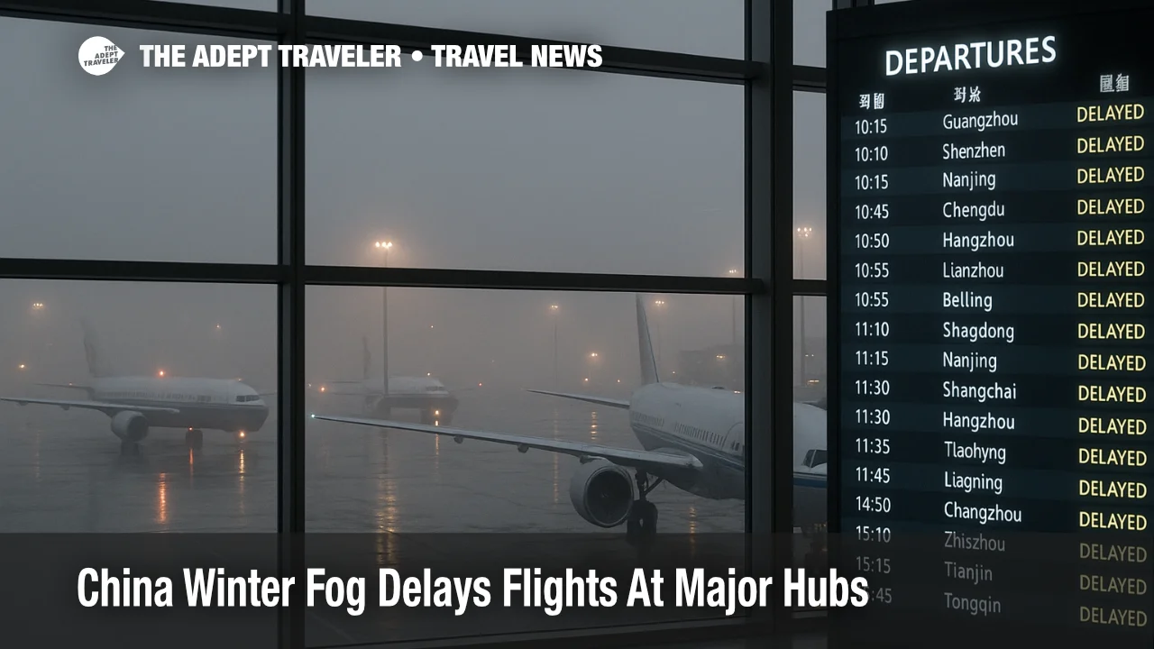 China winter fog flight delays at Beijing Capital airport with jets waiting at foggy gates and departure boards crowded with delayed flights.