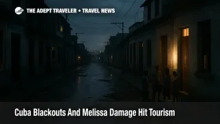 Evening street in Santiago de Cuba with partial power and storm debris, illustrating Cuba blackouts tourism impacts on local homes and a small guesthouse