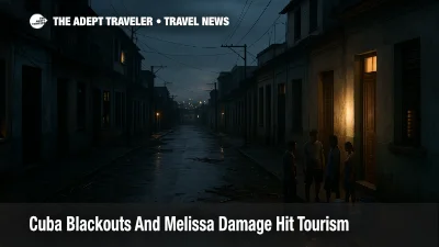 Evening street in Santiago de Cuba with partial power and storm debris, illustrating Cuba blackouts tourism impacts on local homes and a small guesthouse