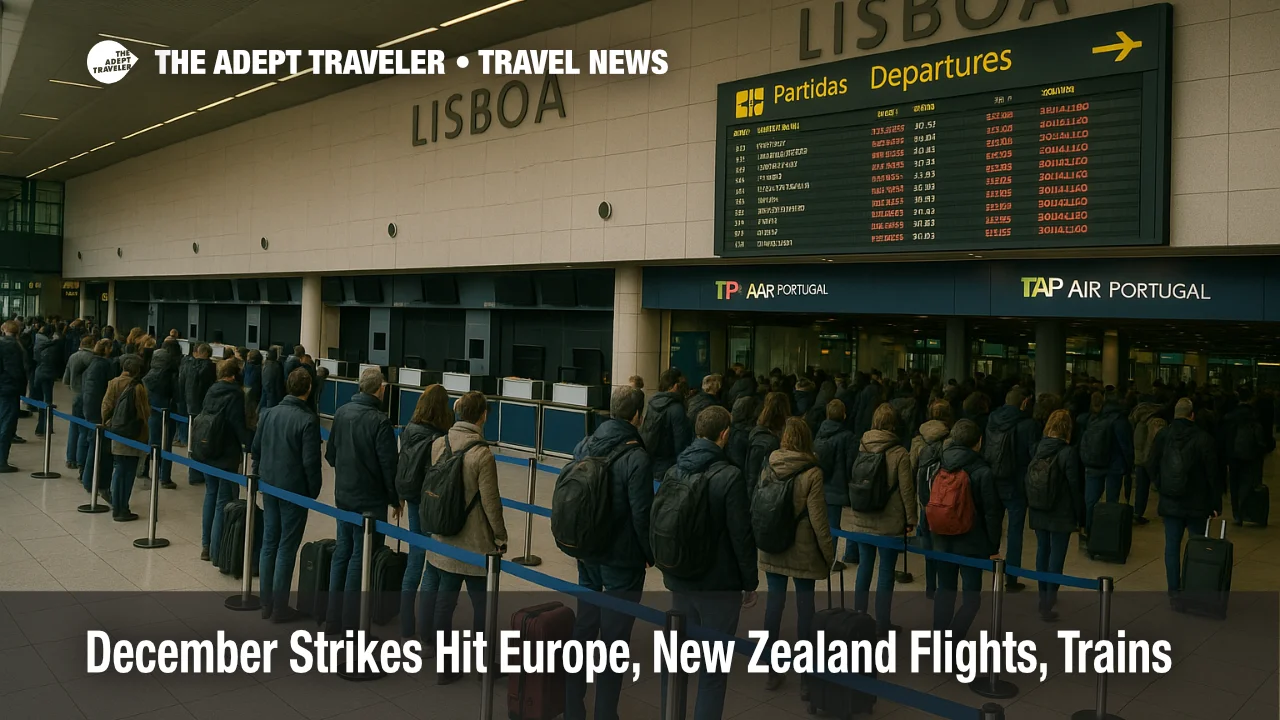 Travelers queue at Lisbon Portela Airport as December strikes Europe flights disrupt holiday departures and close many check in counters