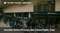 Travelers queue at Lisbon Portela Airport as December strikes Europe flights disrupt holiday departures and close many check in counters