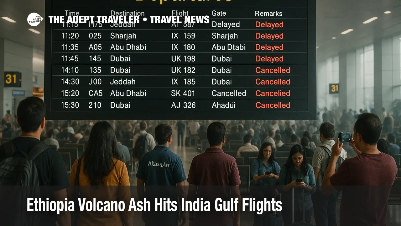 Travelers watch a departures board at Indira Gandhi International Airport as Ethiopia volcano ash disrupts India Gulf flights and tightens connections