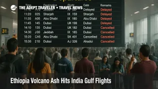 Travelers watch a departures board at Indira Gandhi International Airport as Ethiopia volcano ash disrupts India Gulf flights and tightens connections