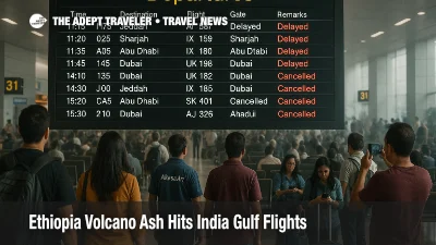 Travelers watch a departures board at Indira Gandhi International Airport as Ethiopia volcano ash disrupts India Gulf flights and tightens connections