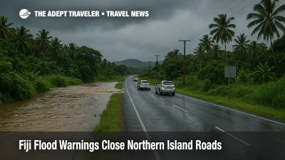 Flooded rural road near Labasa in Fiji as Fiji flood warnings road closures disrupt transfers across Vanua Levu for travelers and local residents