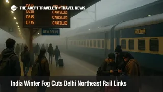 Passengers wait on foggy New Delhi Railway Station platform as India winter fog rail cancellations delay and cut key Northeast bound trains