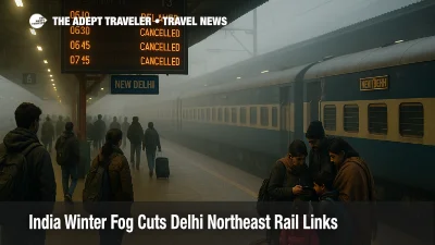 Passengers wait on foggy New Delhi Railway Station platform as India winter fog rail cancellations delay and cut key Northeast bound trains