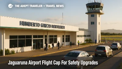 Travelers outside Humberto Ghizzo Bortoluzzi terminal as the Jaguaruna airport flight cap holds JJG at 12 weekly flights during RBAC 139 safety upgrades.