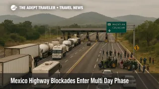 Trucks and buses stopped at a toll plaza on Highway 15D near Mazatlan as Mexico highway blockades create long delays for winter road trips