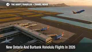 Wide view of new Ontario and Burbank Honolulu flights arriving at Daniel K. Inouye International Airport showing jets at the terminal and runways by the water in clear evening light.