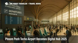 Travelers use self service kiosks in the departures hall at Phnom Penh Techo International Airport as the new digital hub replaces the old city airport