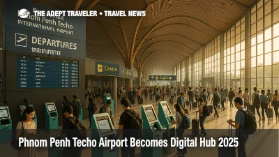 Travelers use self service kiosks in the departures hall at Phnom Penh Techo International Airport as the new digital hub replaces the old city airport