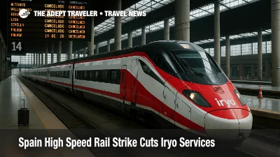 Modern high speed train at Madrid station with strike day departure board, illustrating Spain high speed rail strike impacts on Iryo services and connections.