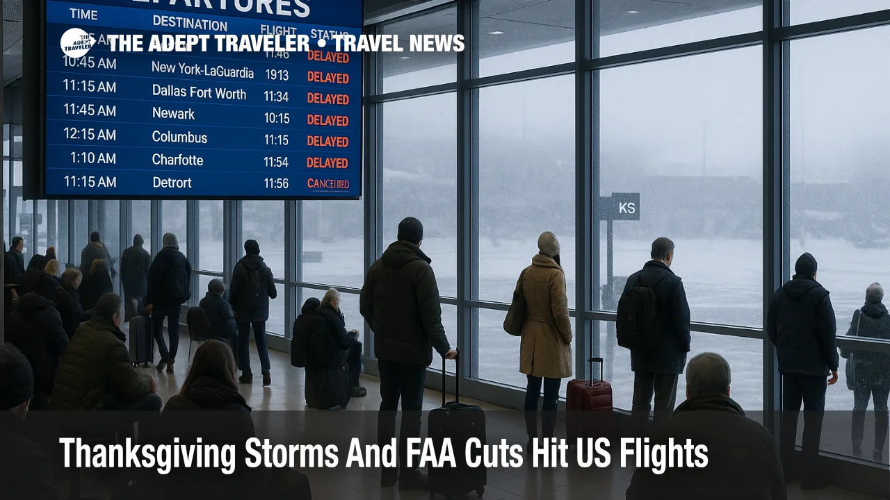 Travelers at Chicago O Hare watch boards as Thanksgiving storm US flight delays spread across Great Lakes hubs.