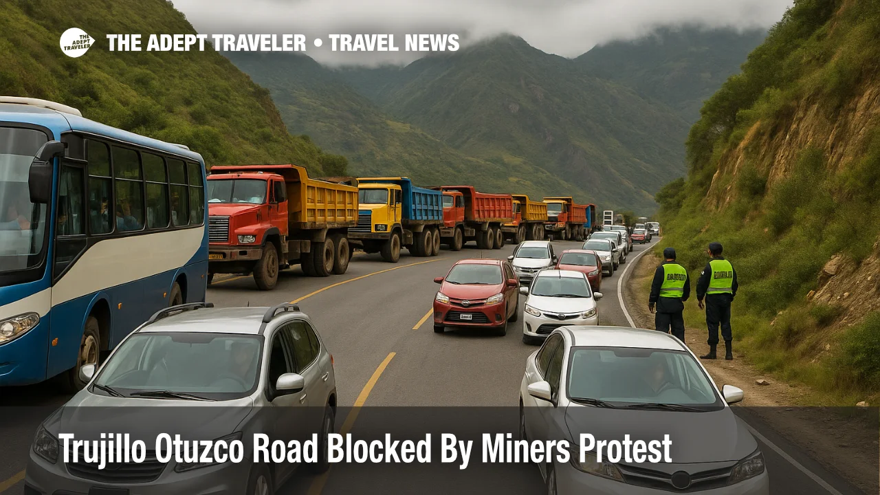 Traffic lines up on the Trujillo Otuzco road blockade as trucks block a lane toward Otuzco in Peru's La Libertad highlands.