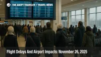 Travelers watch a departures board at Philadelphia International Airport as US airport delays November 26 2025 slow busy Thanksgiving flights
