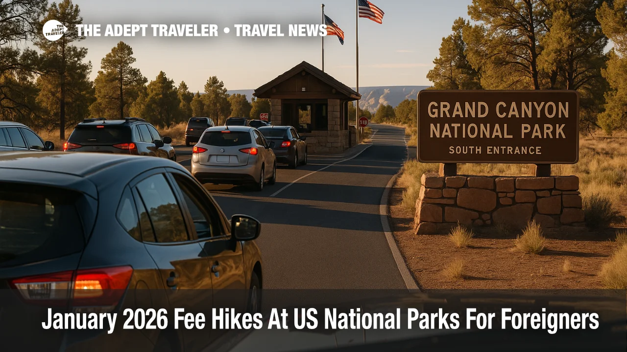 Nonresident visitors line up at a Grand Canyon entrance as US national park fee hikes for foreign visitors 2026 begin.