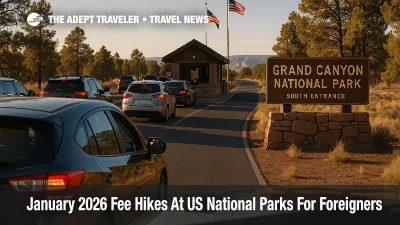 Nonresident visitors line up at a Grand Canyon entrance as US national park fee hikes for foreign visitors 2026 begin.