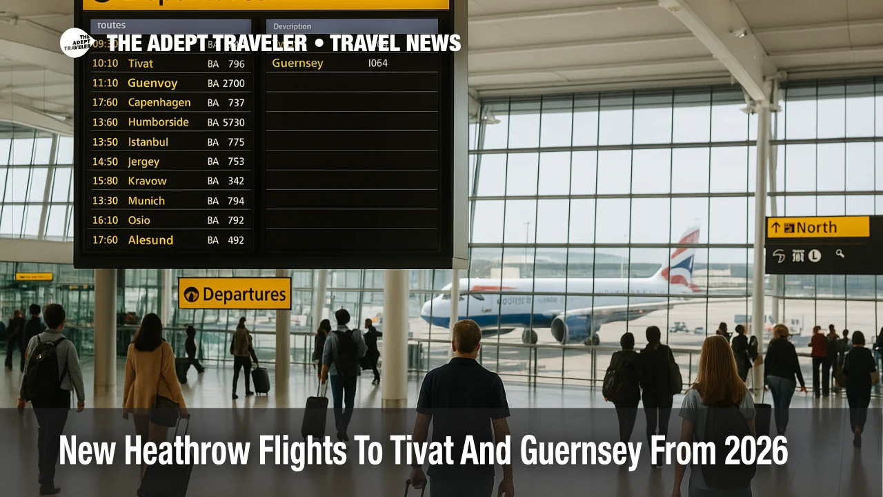Travelers check departure screens for new Heathrow Tivat Guernsey flights in a bright London Heathrow Terminal 5 concourse.
