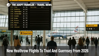 Travelers check departure screens for new Heathrow Tivat Guernsey flights in a bright London Heathrow Terminal 5 concourse.