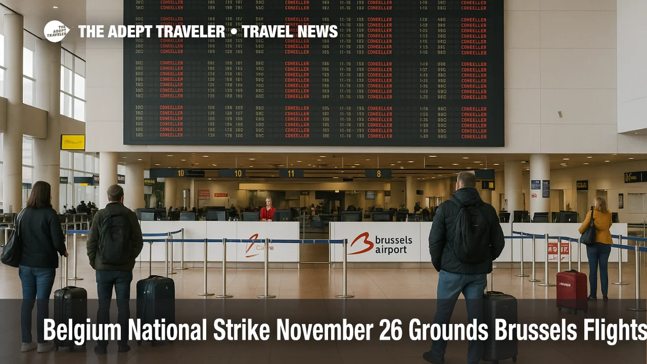 Travelers stand in a quiet Brussels Airport departures hall as Belgium national strike flights cancellations fill the overhead information board