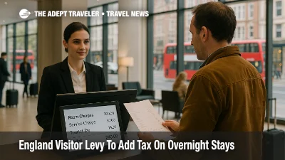 Traveler reviews a hotel bill in a London lobby as a new England visitor levy on overnight stays appears as an added tourist tax line on the screen