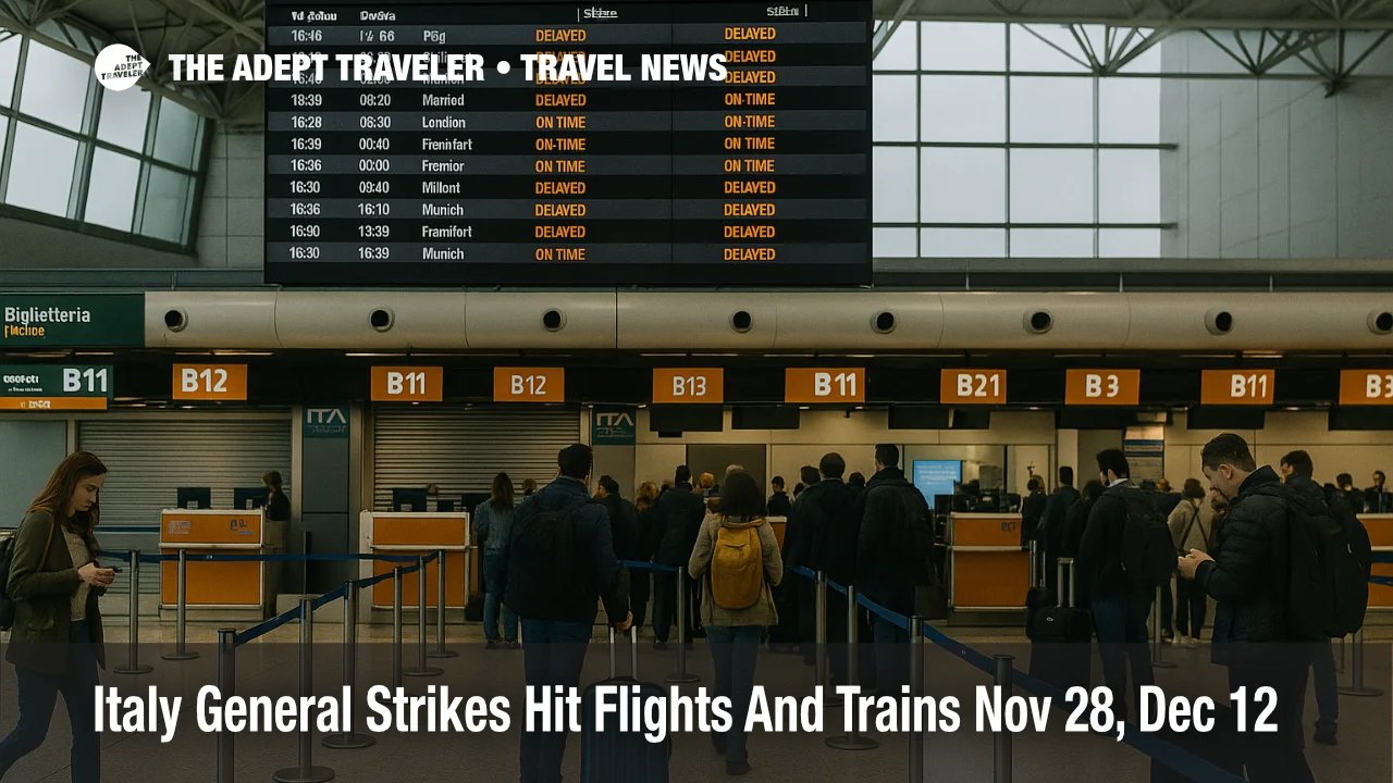 Passengers wait at Fiumicino during Italy general strike flights trains disruption as some departure boards show delays.