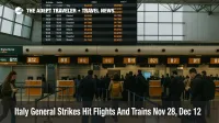 Passengers wait at Fiumicino during Italy general strike flights trains disruption as some departure boards show delays.