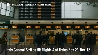 Passengers wait at Fiumicino during Italy general strike flights trains disruption as some departure boards show delays.