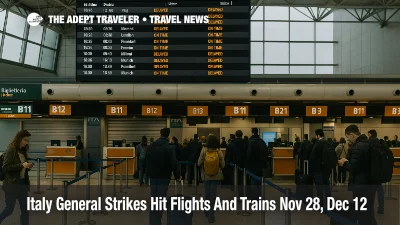 Passengers wait at Fiumicino during Italy general strike flights trains disruption as some departure boards show delays.
