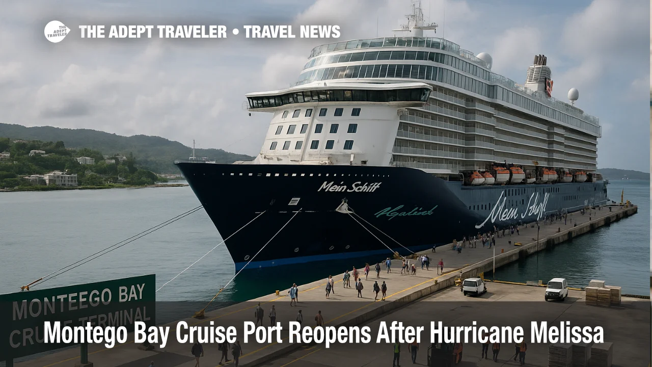 Cruise passengers walk along Montego Bay cruise port as the first large ship returns after Hurricane Melissa, showing a cautious reopening of the terminal