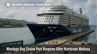 Cruise passengers walk along Montego Bay cruise port as the first large ship returns after Hurricane Melissa, showing a cautious reopening of the terminal