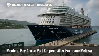 Cruise passengers walk along Montego Bay cruise port as the first large ship returns after Hurricane Melissa, showing a cautious reopening of the terminal