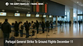 Departures hall at Lisbon Humberto Delgado during Portugal general strike flights disruption, with a cancellations board and thin queues at check in counters