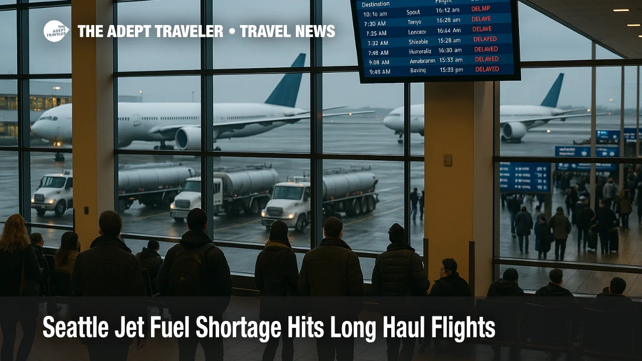 Travelers watch departure boards at Seattle Tacoma airport as Seattle jet fuel shortage flights face long haul delays and schedule changes.