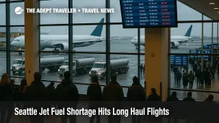 Travelers watch departure boards at Seattle Tacoma airport as Seattle jet fuel shortage flights face long haul delays and schedule changes.