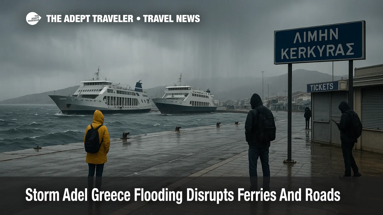 Travelers watch ferries delayed at Port of Corfu as Storm Adel Greece flooding brings Red Code alerts to western Greece.