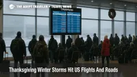 Travelers watch a departures board at Chicago O Hare as Thanksgiving winter storms disrupt US flights with snow and delays.
