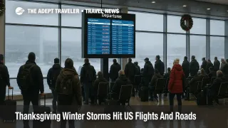 Travelers watch a departures board at Chicago O Hare as Thanksgiving winter storms disrupt US flights with snow and delays.