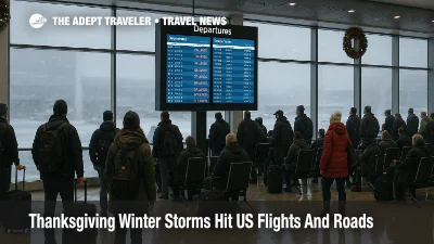 Travelers watch a departures board at Chicago O Hare as Thanksgiving winter storms disrupt US flights with snow and delays.