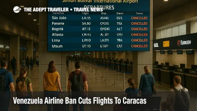 Travelers wait in Simón Bolívar International Airport departures hall as the Venezuela airline ban flights to Caracas leaves counters closed and boards showing cancellations