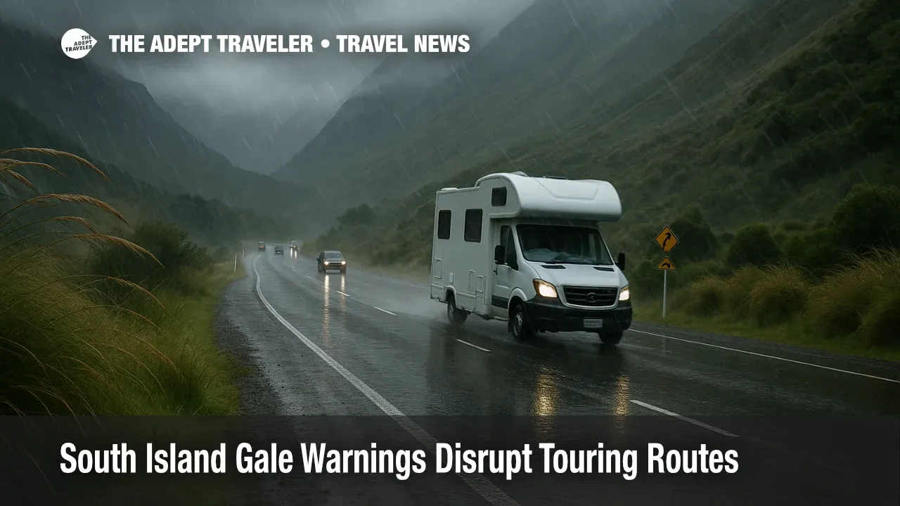 Campervan on wet South Island highway under gale warnings as strong winds and rain make driving routes near Arthurs Pass slower and more hazardous