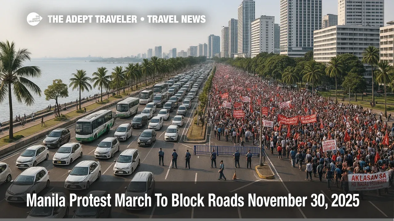 Heavy traffic stalls along Roxas Boulevard in Manila as Trillion Peso March protest road closures on November 30 disrupt routes to bayfront hotels and airport transfers