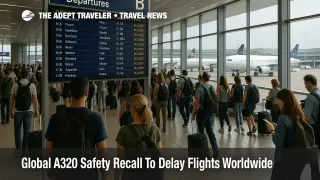 Travelers watch a departures board at Frankfurt Airport as an A320 safety recall flight delays ripple through global schedules and connecting banks