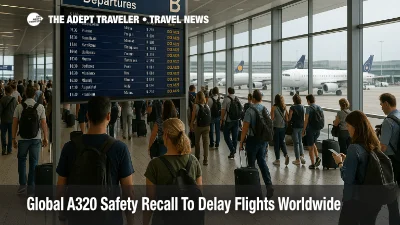 Travelers watch a departures board at Frankfurt Airport as an A320 safety recall flight delays ripple through global schedules and connecting banks
