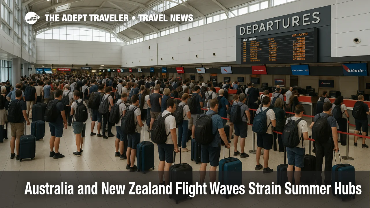 Travelers queue at Sydney Kingsford Smith as Australia New Zealand flight delays crowd the departures hall during a summer disruption wave